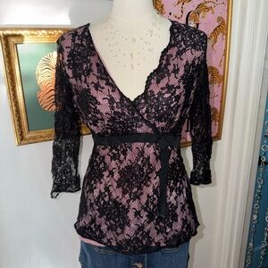 INC International Concepts Black Lace Top with Pink Lining